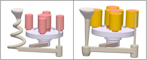 Fig. 5: The foundryman had two runners available: helical shaped (left) and tapered (right). 