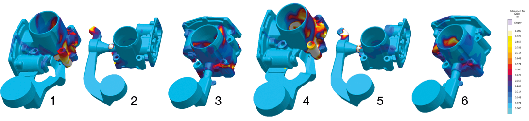 Figure 3: Air pressure result for the original overflow layout (left) and with additional venting near the critical area (right) 